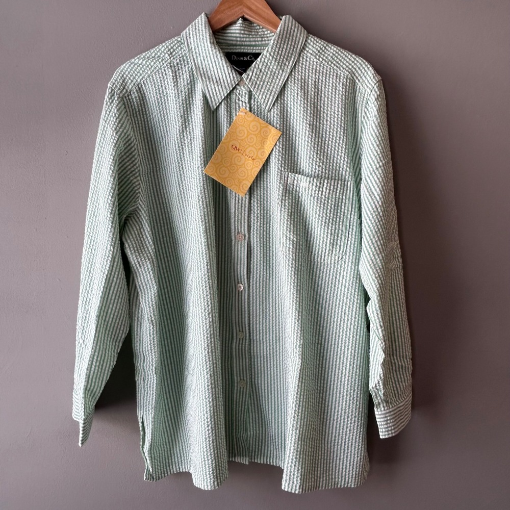 DENIM & CO Seersucker Striped Button Down Shirt Womens 1X Green White‎ Textured
